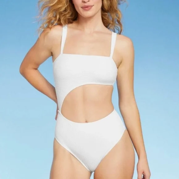 Shade & Shore white ribbed sleeveless cutout one piece swimsuit - Picture 1 of 9